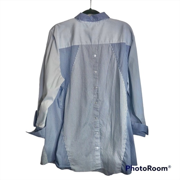 CHICO’S Blue White Stripe Color block button up Tunic with side pockets sz 16/18 - Picture 2 of 4